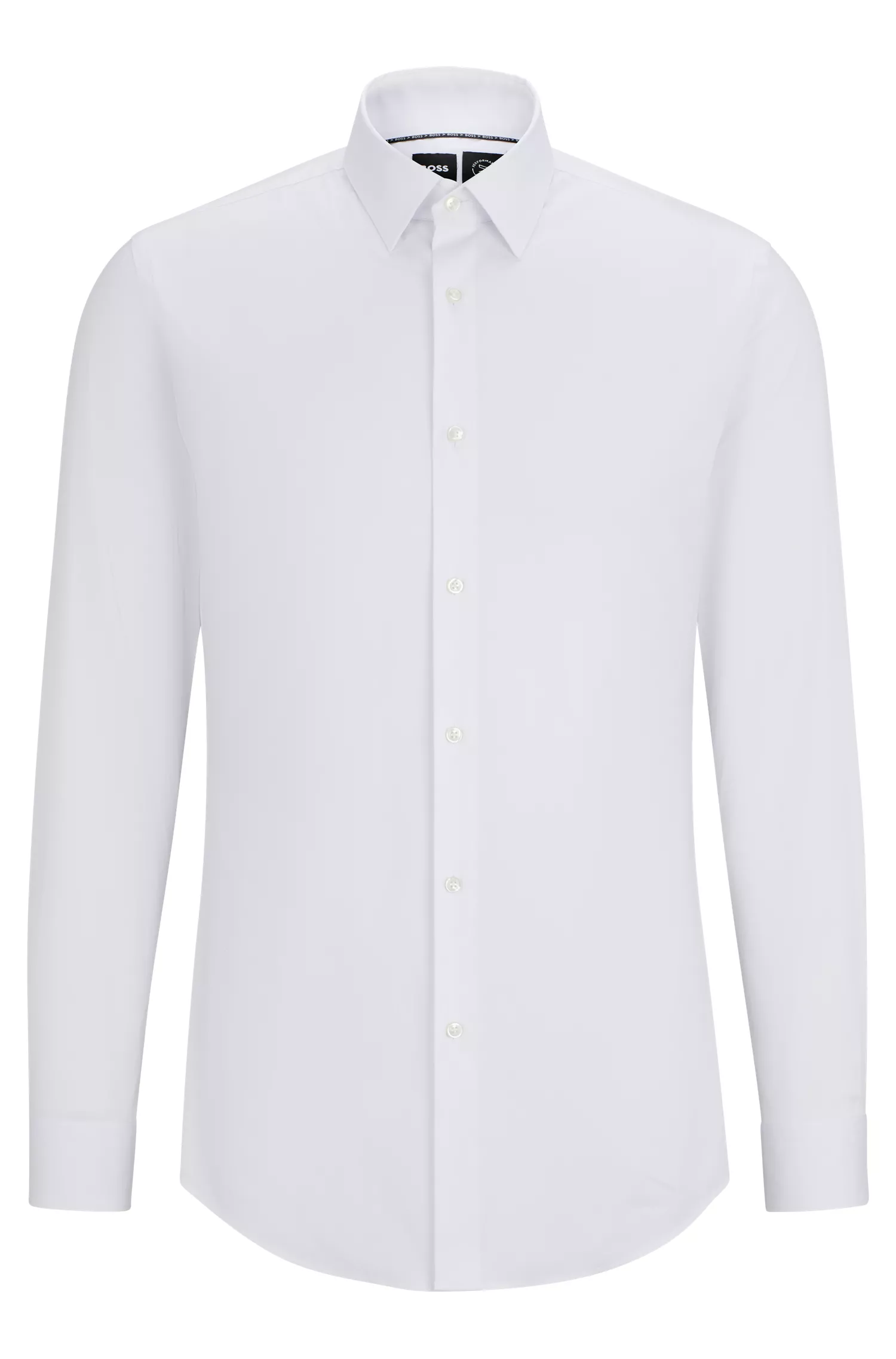 Camisa BOSS preta, extra slim fit, em popeline de algodão misto de fácil de passar.