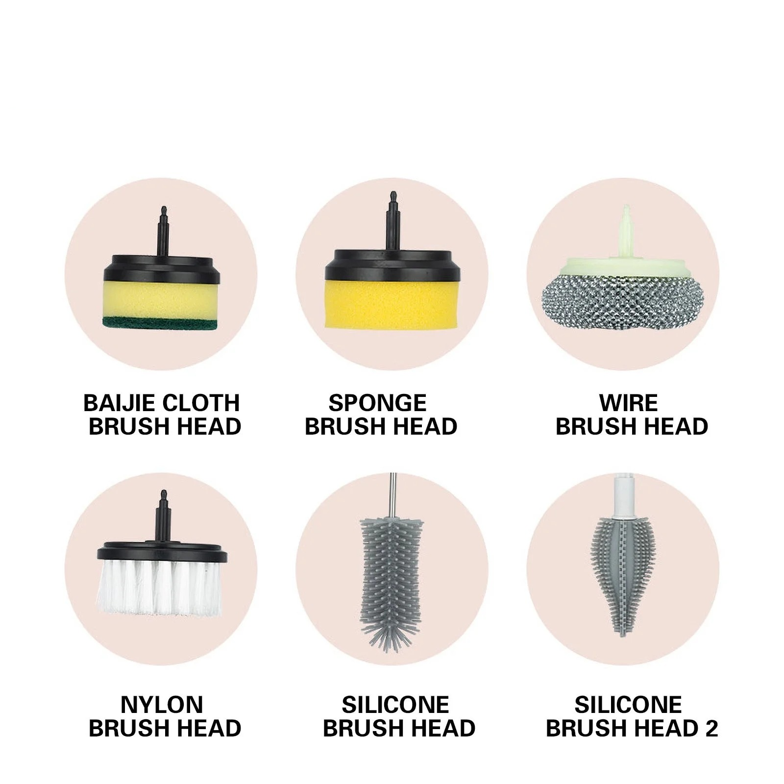 (7-tlg. Set) USB Reinigungs Bürste Elektrischer Spin Scrubber Power Schrubber mit 6 Aufsätzen - Weiss / Grau
