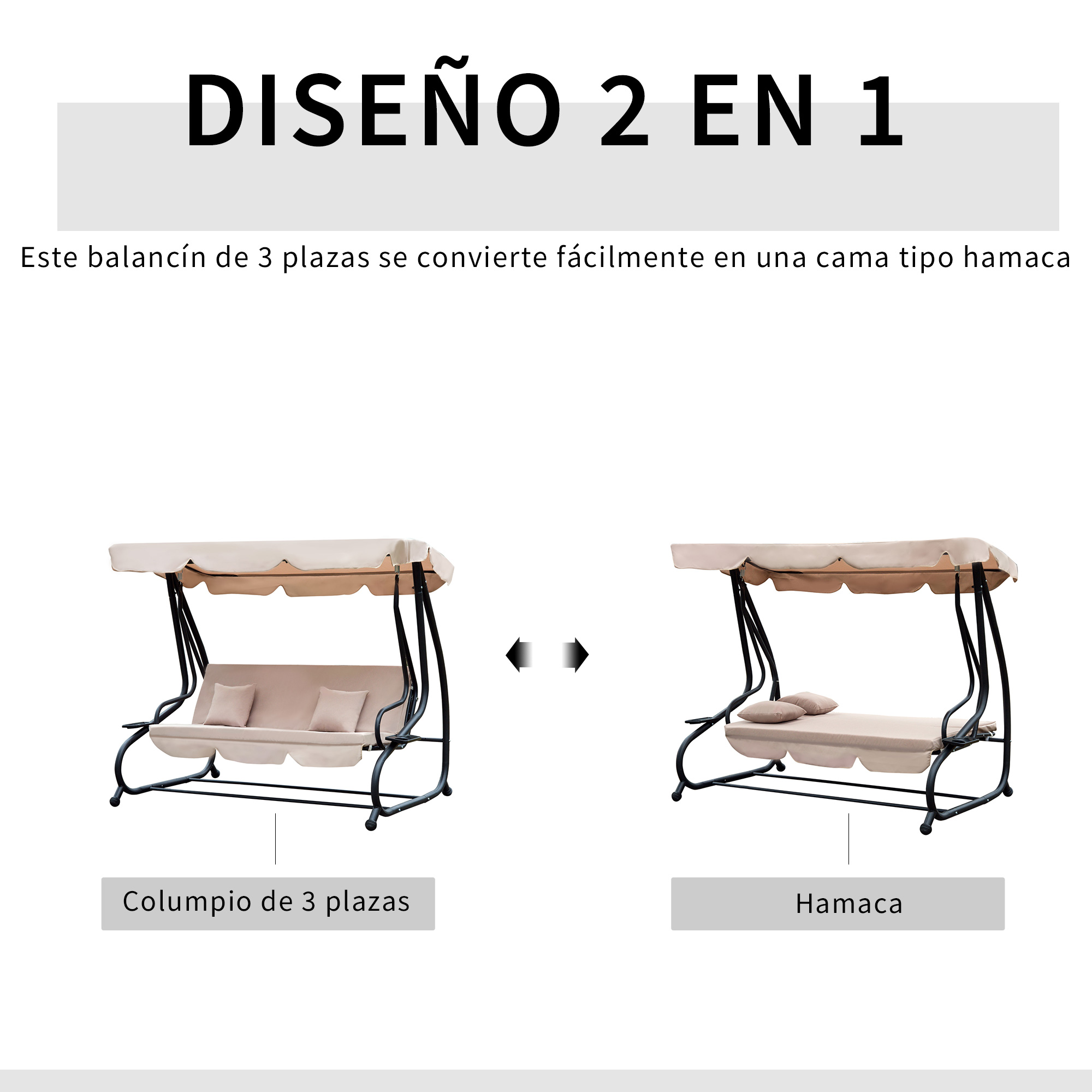 Cadeira de balanço de jardim Outsunny de 3 lugares, conversível em cama, com cobertura ajustável para proteção solar e bandeja para bebidas, ideal para pátio, varanda e uso externo. Suporta até 340 kg e mede 200 x 120 x 164 cm. Estrutura de aço.