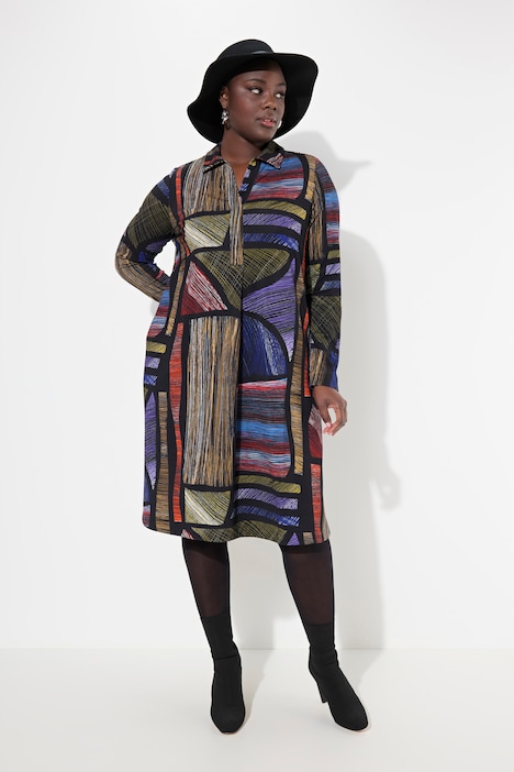 Punto-Kleid, Hemdkragen, V-Ausschnitt, Langarm, Taschen