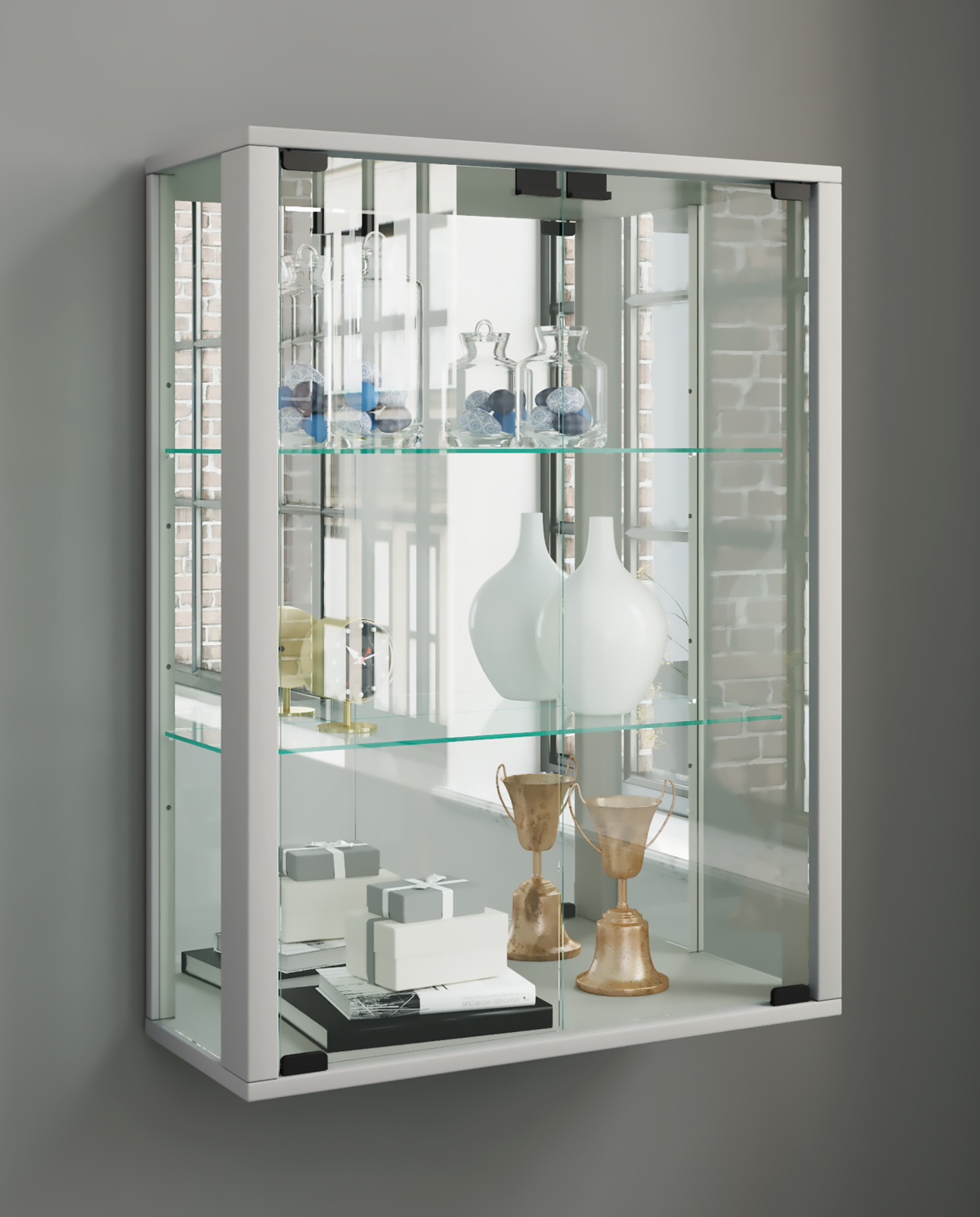 Wandvitrine UDINA - silber - mit Rückwandspiegel - 60 cm