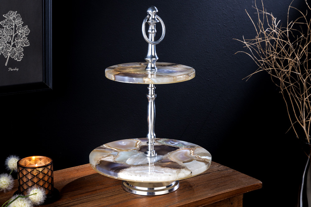 Deko Etagere NOBLE 35cm silber Edelstein handmade Achat Quarz Aluminium