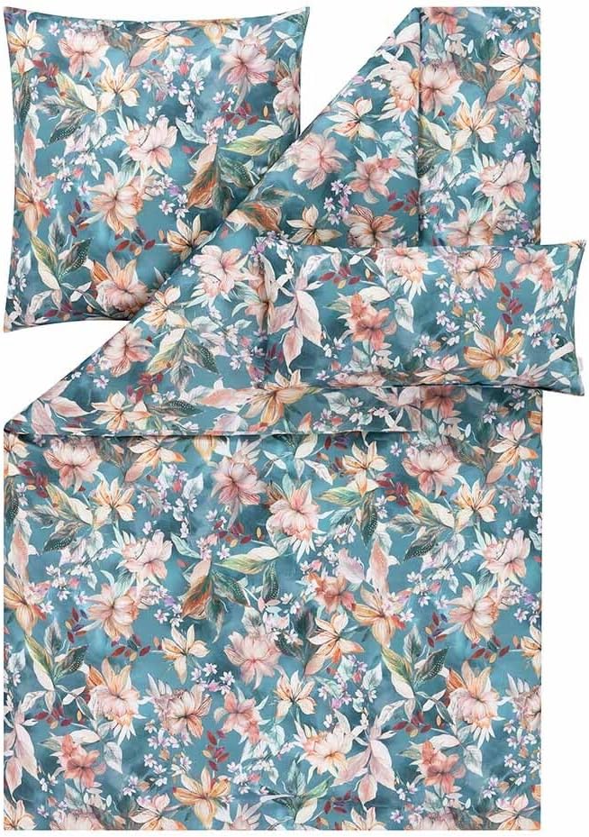 ESTELLA Mako-Satin Bettwäsche 135x200 Estera blautanne Blüten Lilien 7960-581