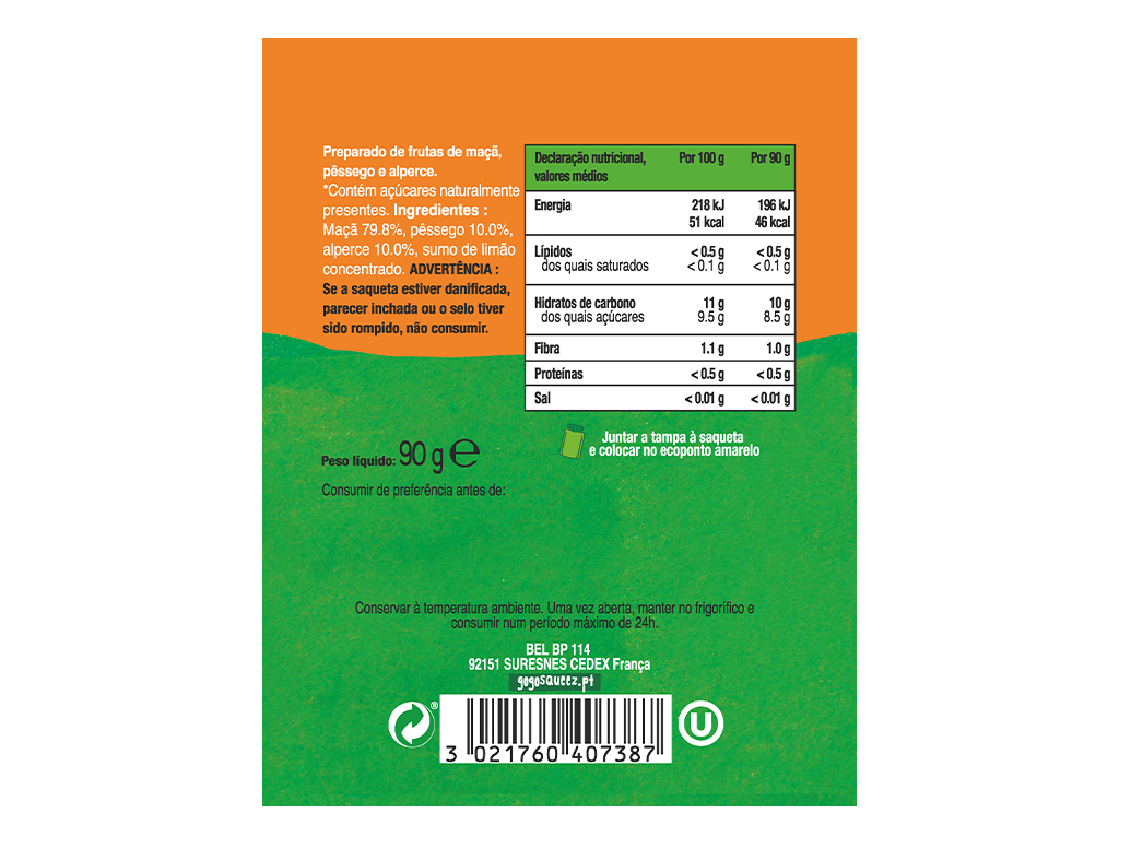 SAQUETAS FRUTA GO GO SQUEEZ PESSEGO ALPERCE 4X90G