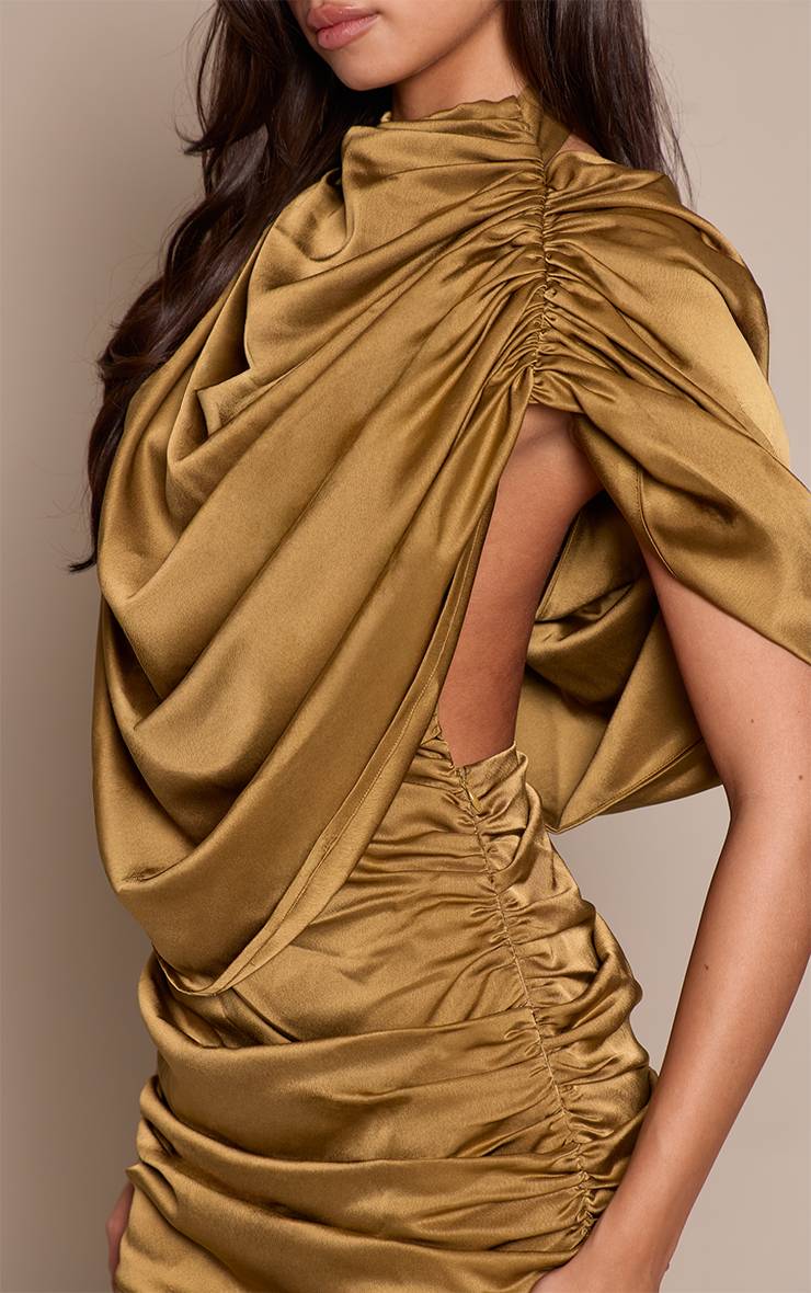 Vert Olive Robe Mini En Satin Froncé Avec Superposition