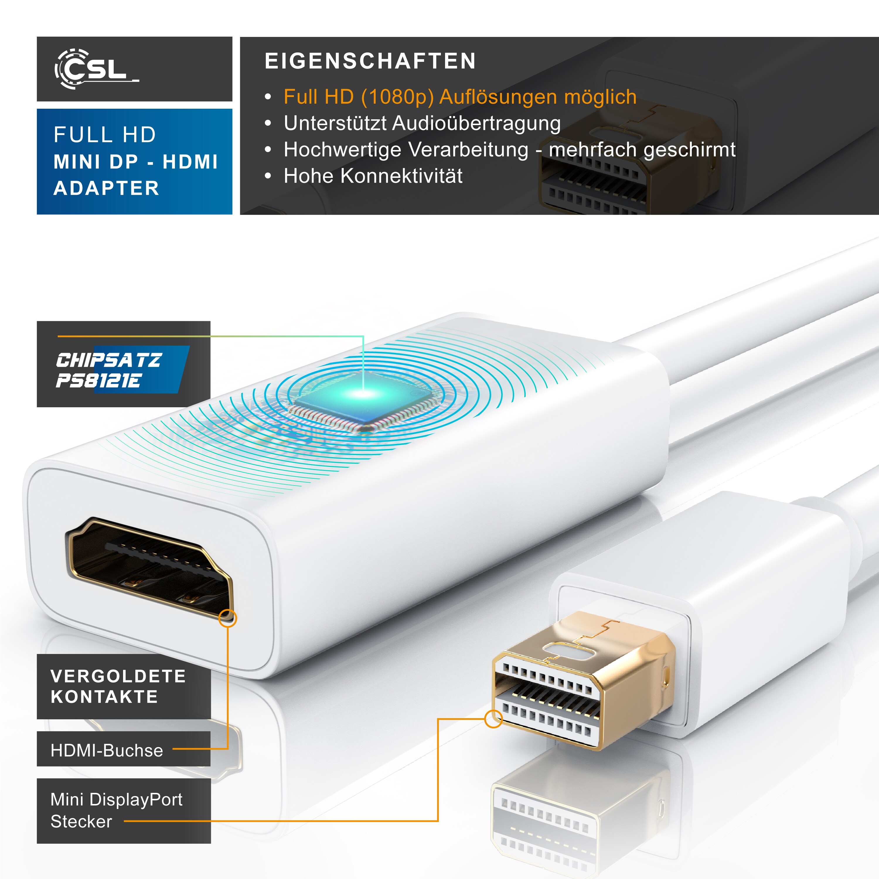 CSL Mini DisplayPort zu HDMI Adapter, Full HD MiniDP zu HDMI Buchse Konverter / Adapterkabel - 0,15m