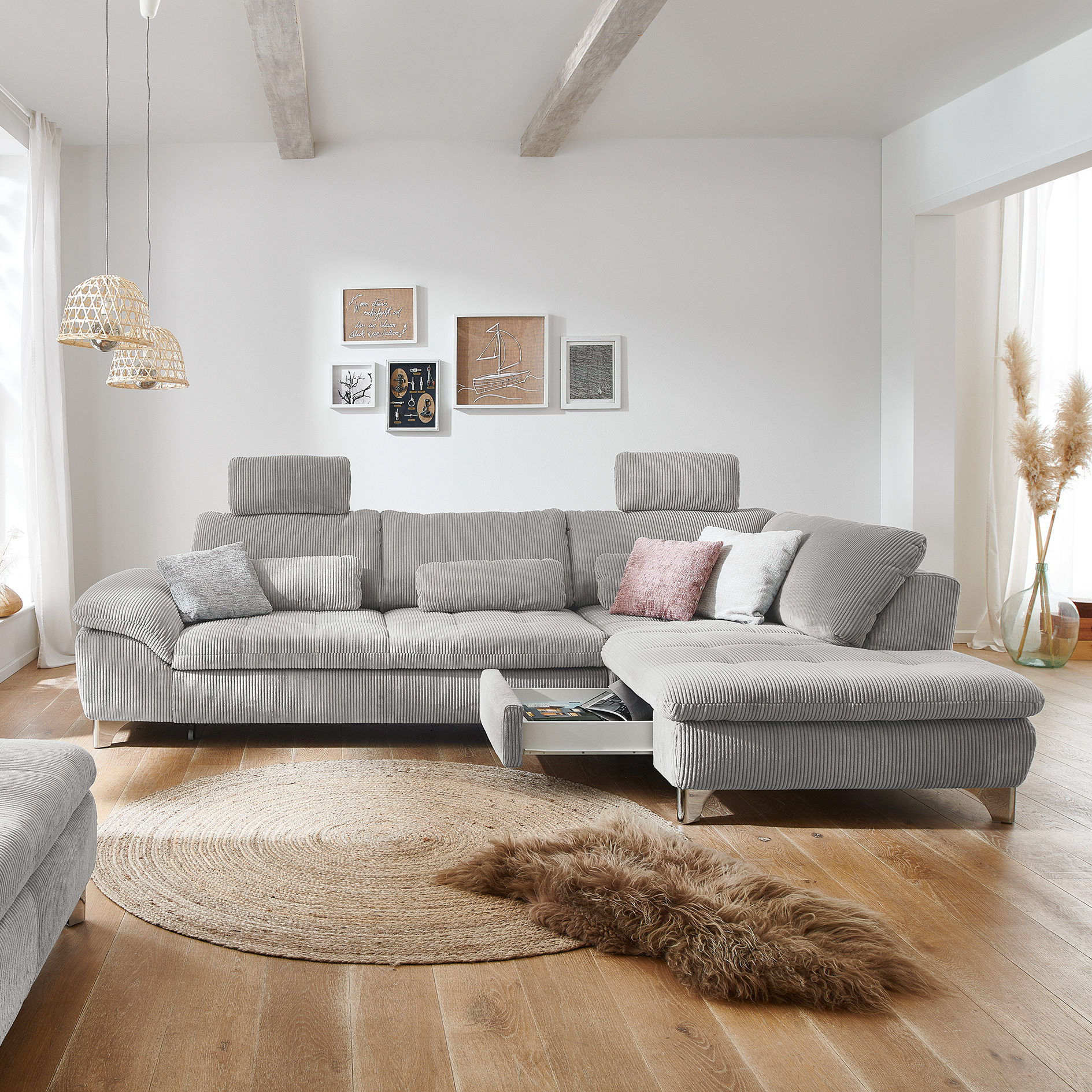 polsterpower Ecksofa - grey - mit Funktionen -Anstellhocker rechts