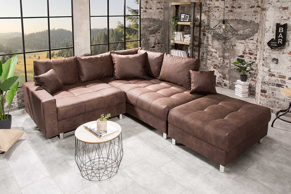 Modernes Ecksofa KENT 220cm braun Federkern Wohnlandschaft inkl. Hocker und Kissen
