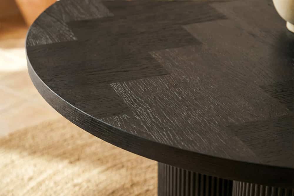 Design Esstisch BABYLON 120cm schwarz Fischgrät Eiche rund mit drei Säulenfüßen