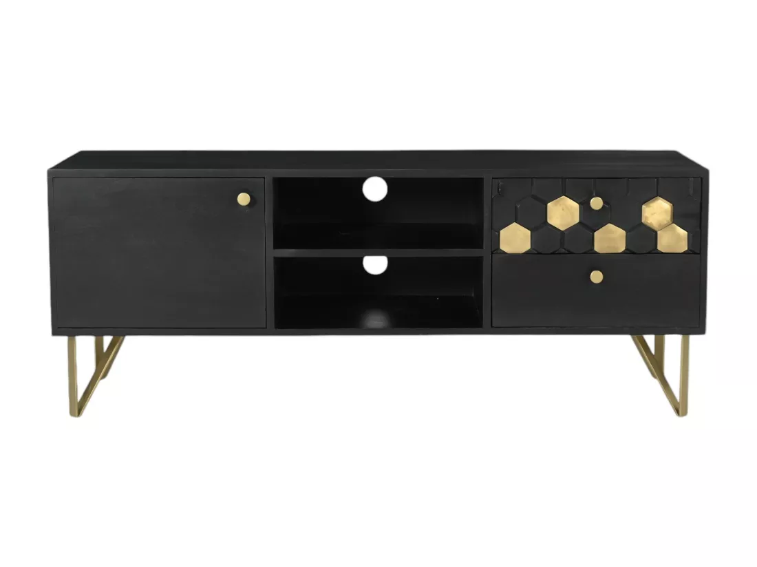 Meuble TV avec 1 porte, 2 tiroirs et 2 niches en bois de manguier et métal - Noir et Doré - BELORI