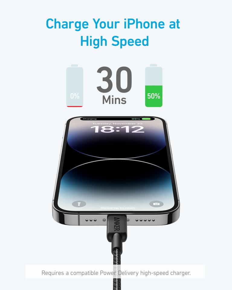 Anker - 322 USB-C til Lightning Kabel - Nylon - 1.8M - Sort