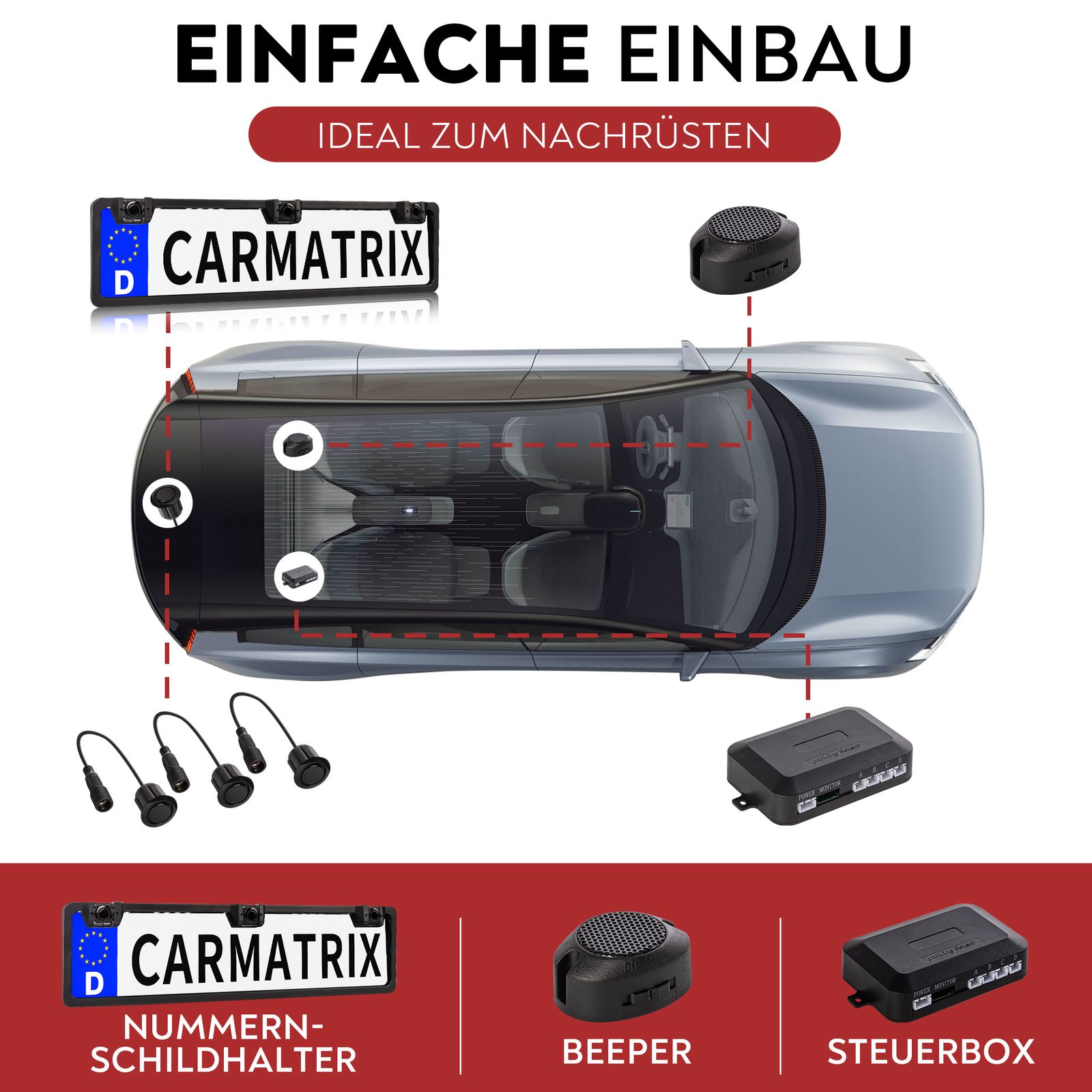 CARMATRIX Einparkhilfe Kfz-Kennzeichen Nummernschild mit drei PDC Sensoren KFZ mit Summer Ton