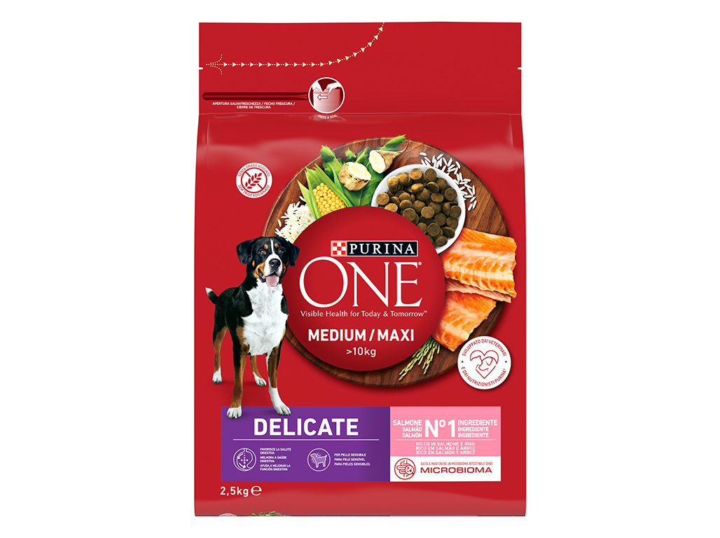 RAÇÃO PARA CÃO PURINA ONE DELICATE RAÇA MÉDIO E MAXI COM SALMÃO E ARROZ 2.5KG
