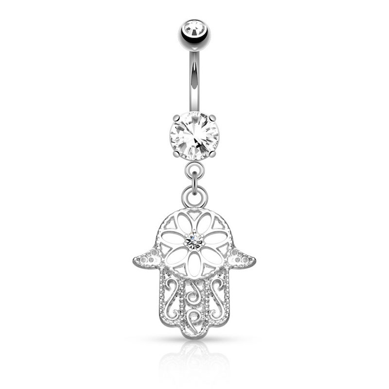 (10mm) 316L Chirurgenstahl Bauchnabelpiercing mit Gewindeverschluss Hand der Fatima Anhänger - Silber