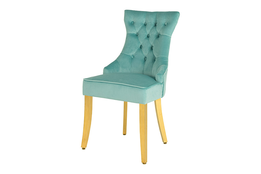 Chesterfield Stuhl CASTLE blau Samt goldene Edelstahlbeine mit Komfortgriff