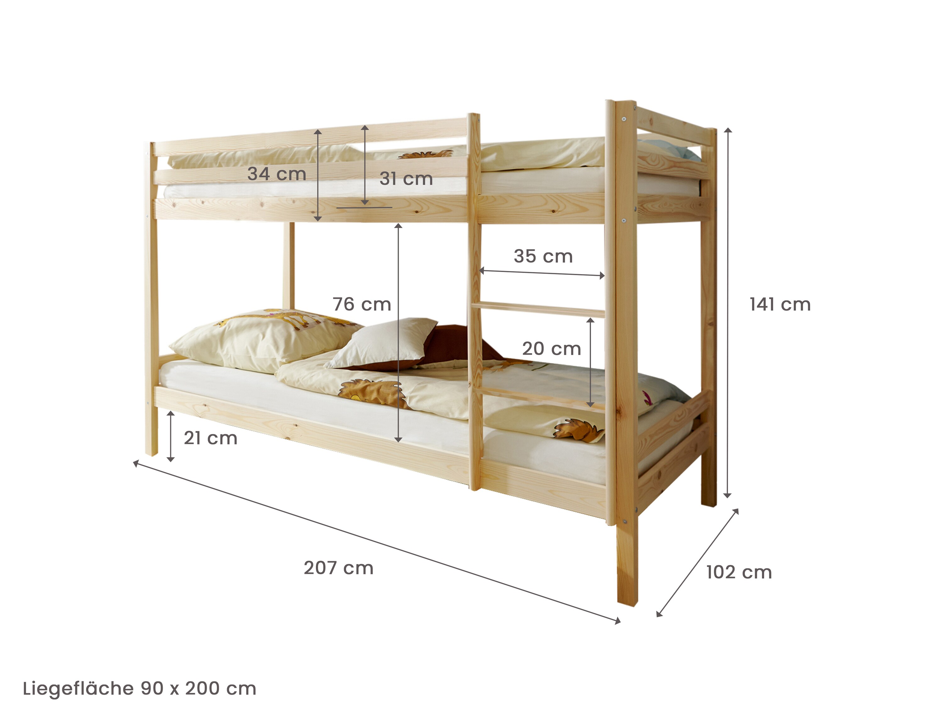 TiCAA Etagenbett Stockbett Rene Kiefer massiv Natur