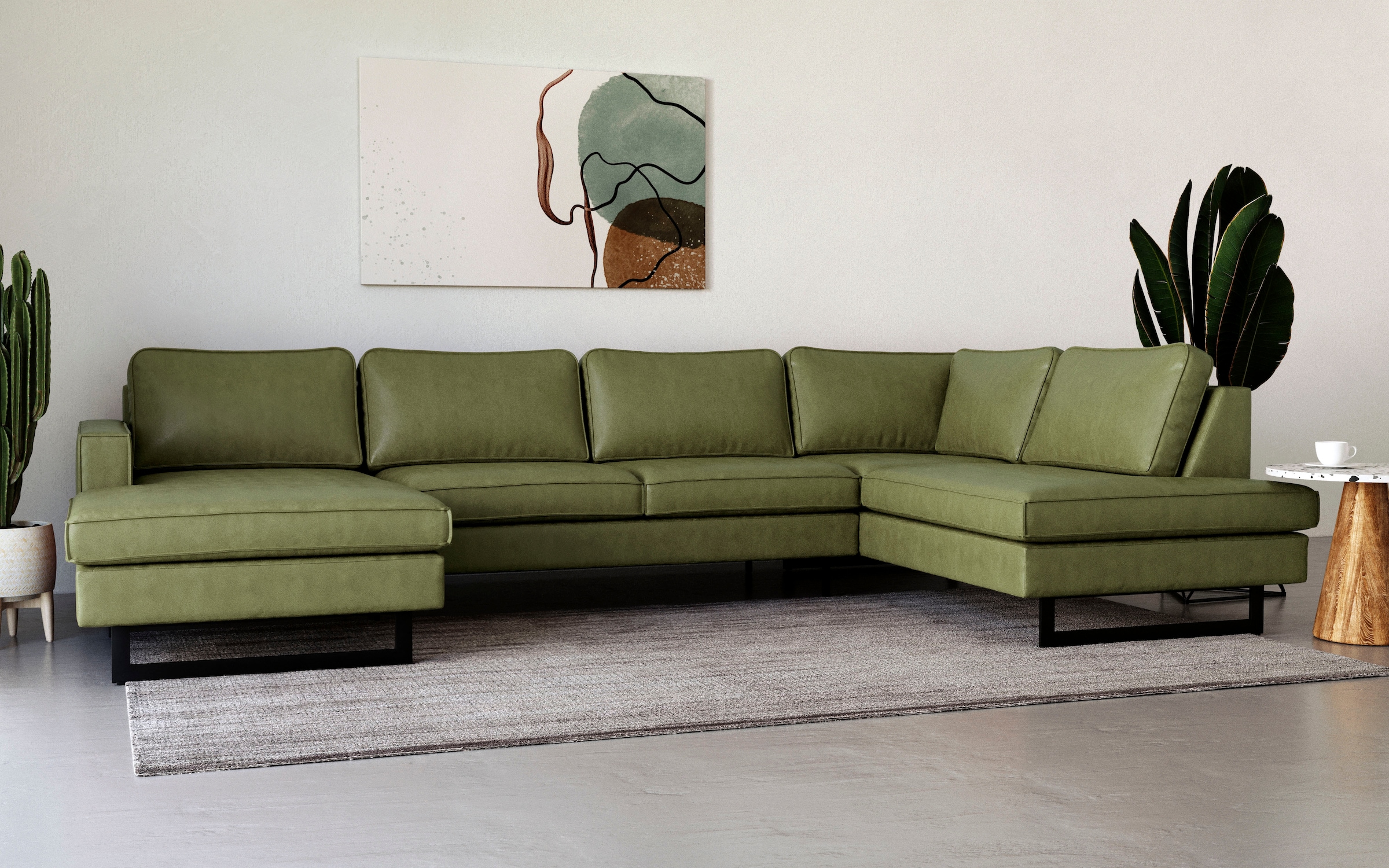Home affaire Wohnlandschaft »Pinto, 350 cm, U-Form, XXL, mit Ottomanen« Cord, Chenille, Lederoptik, mit Keder, Metallfüsse, Wellenunterfederung