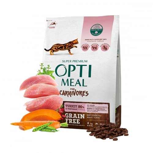 Ração seca Optimeal sem grãos para gatos, com peru e vegetais.