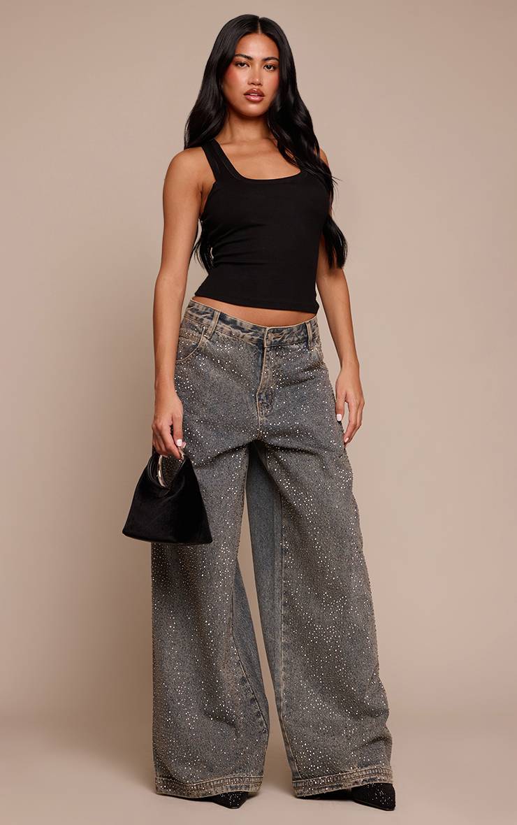 Vintage Jean Denim Jambe Large Taille Basse Décontracté Avec Strass