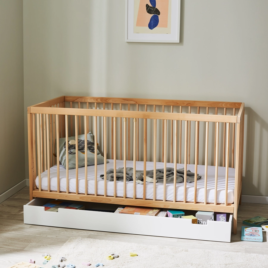 Kids Collective Babybett Gitterbett 60x120 | 70x140 höhenverstellbar & herausnehmbare Sprossen natur mit Schublade