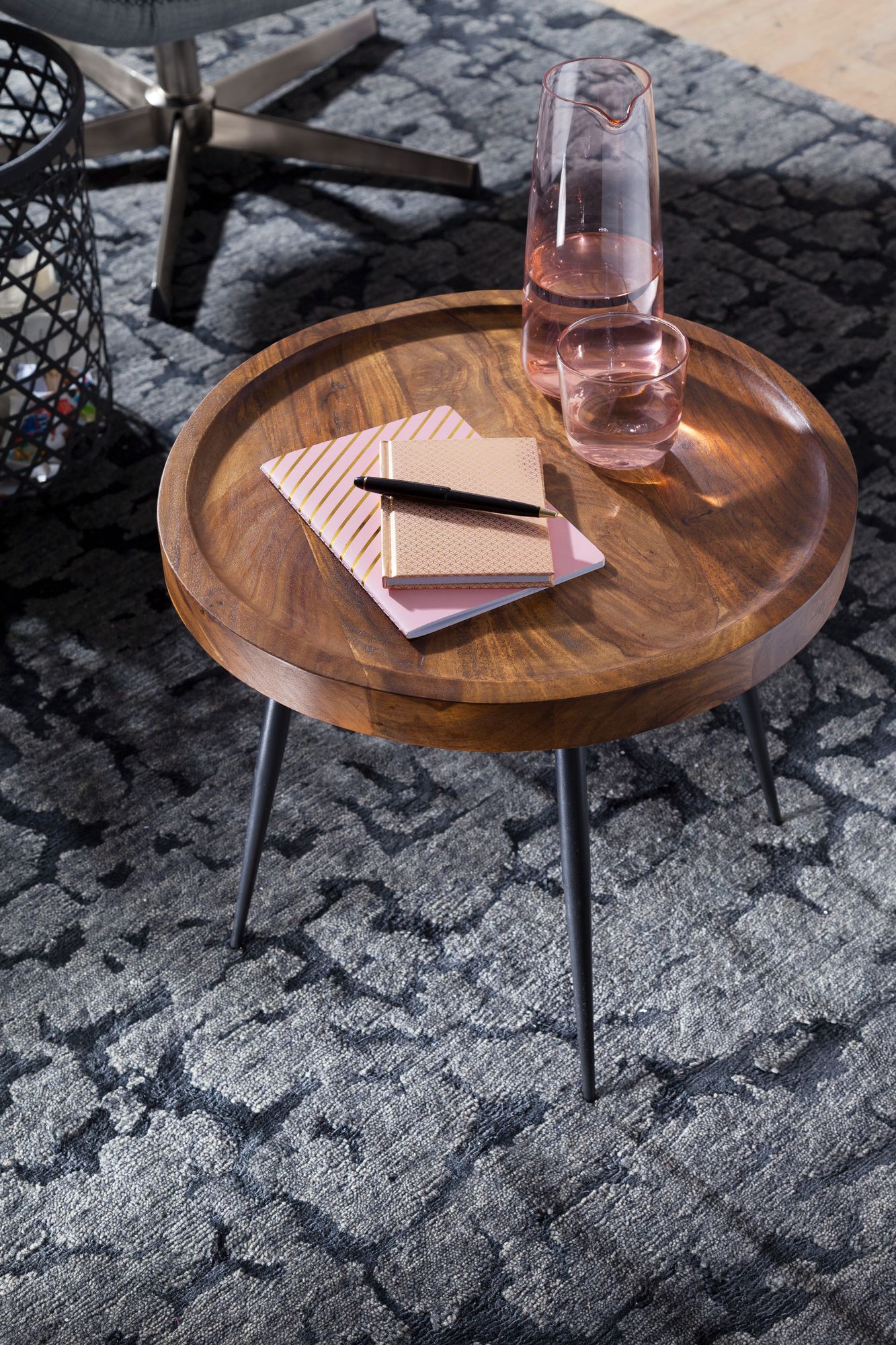 FineBuy Beistelltisch rund 46x40x46cm Sheesham massiv Holz Metall Couchtisch