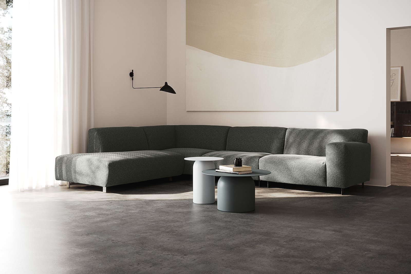 Vesta hjørnesofa 3-seter med åpen ende venstre, Big hjørnemodul, Tekstil Cortina Grey, standardsøm, sort metallben 10 cm, Comfort CM