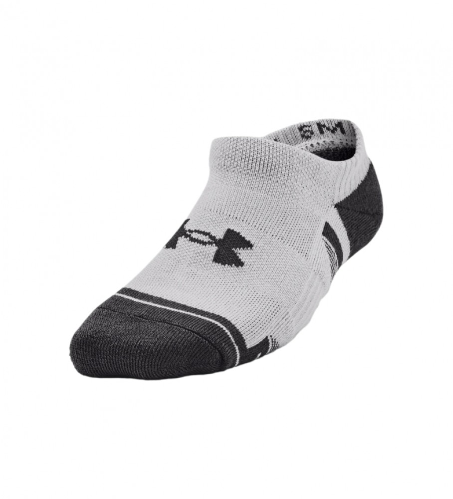 Conjunto de 3 pares de meias Under Armour UA Performance Tech, nas cores cinza, branca e preta.