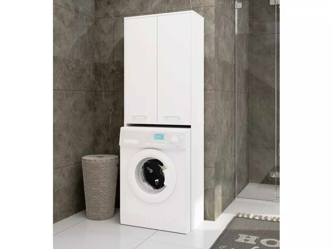 Meuble pour machine à laver FIN Blanche 64 cm 2 portes façade Blanche 4 étagères 64x30x180 cm