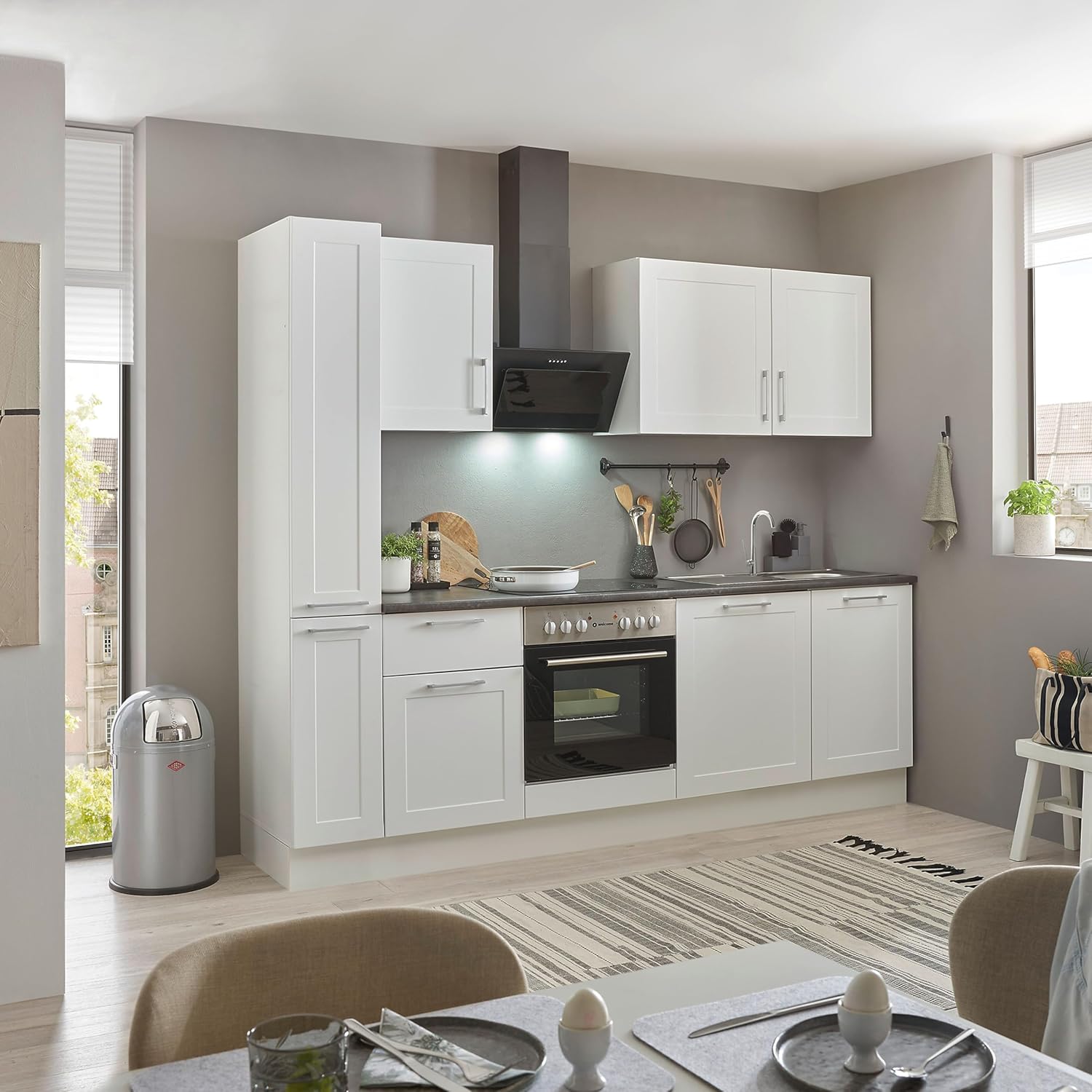 Marseille Moderne Küchenzeile ohne Elektrogeräte in Weiß, Metallic Braun - Geräumige Einbauküche mit viel Stauraum - 250 x 211 x 60 cm (B/H/T)
