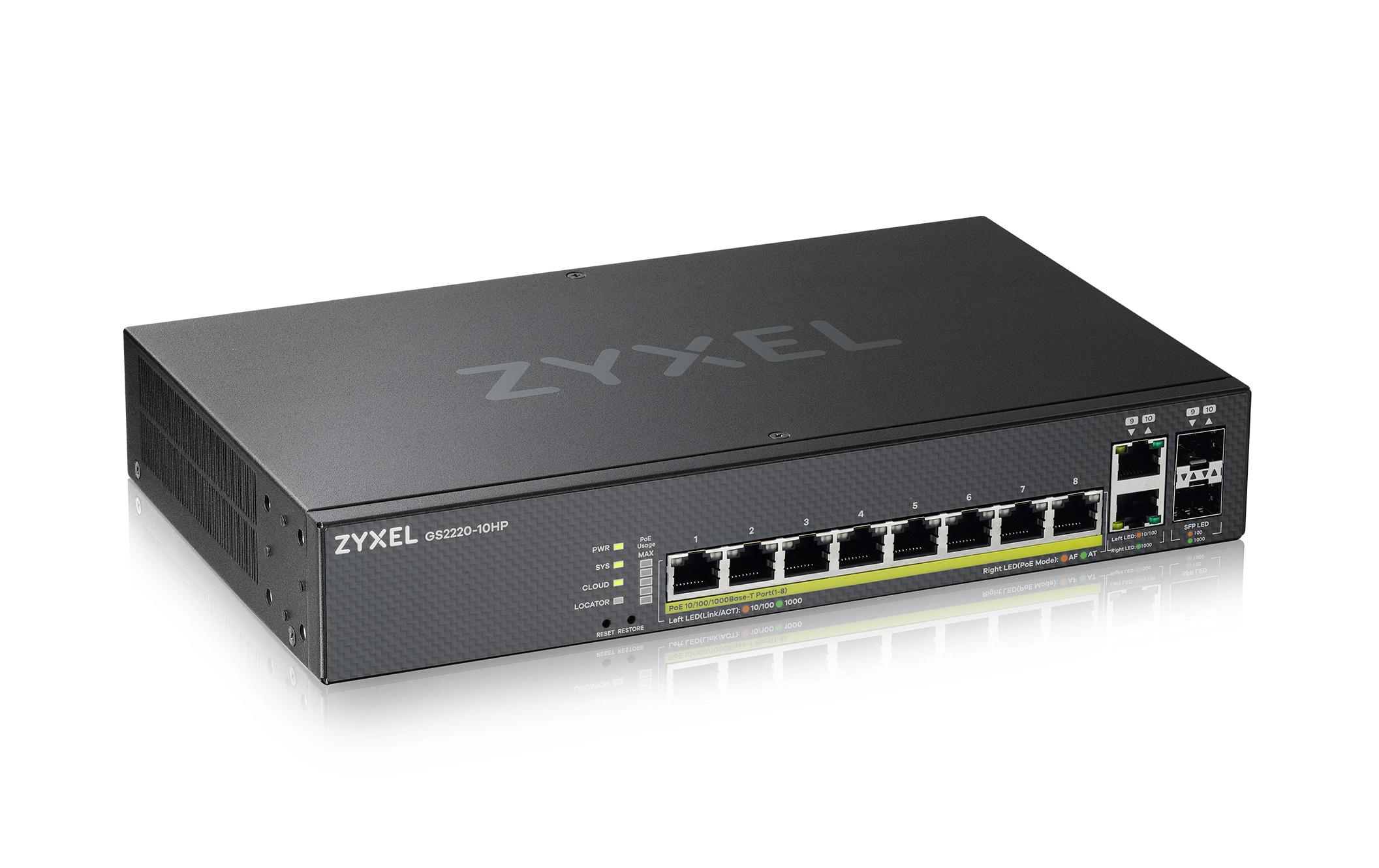 PoE+ Switch GS2220-10HP 10 Port<br>8-Port-GbE-Switch, Layer 2 managed, 8x GbE PoE 802.3at RJ-45 Ports, 2x GbE Combo-Port