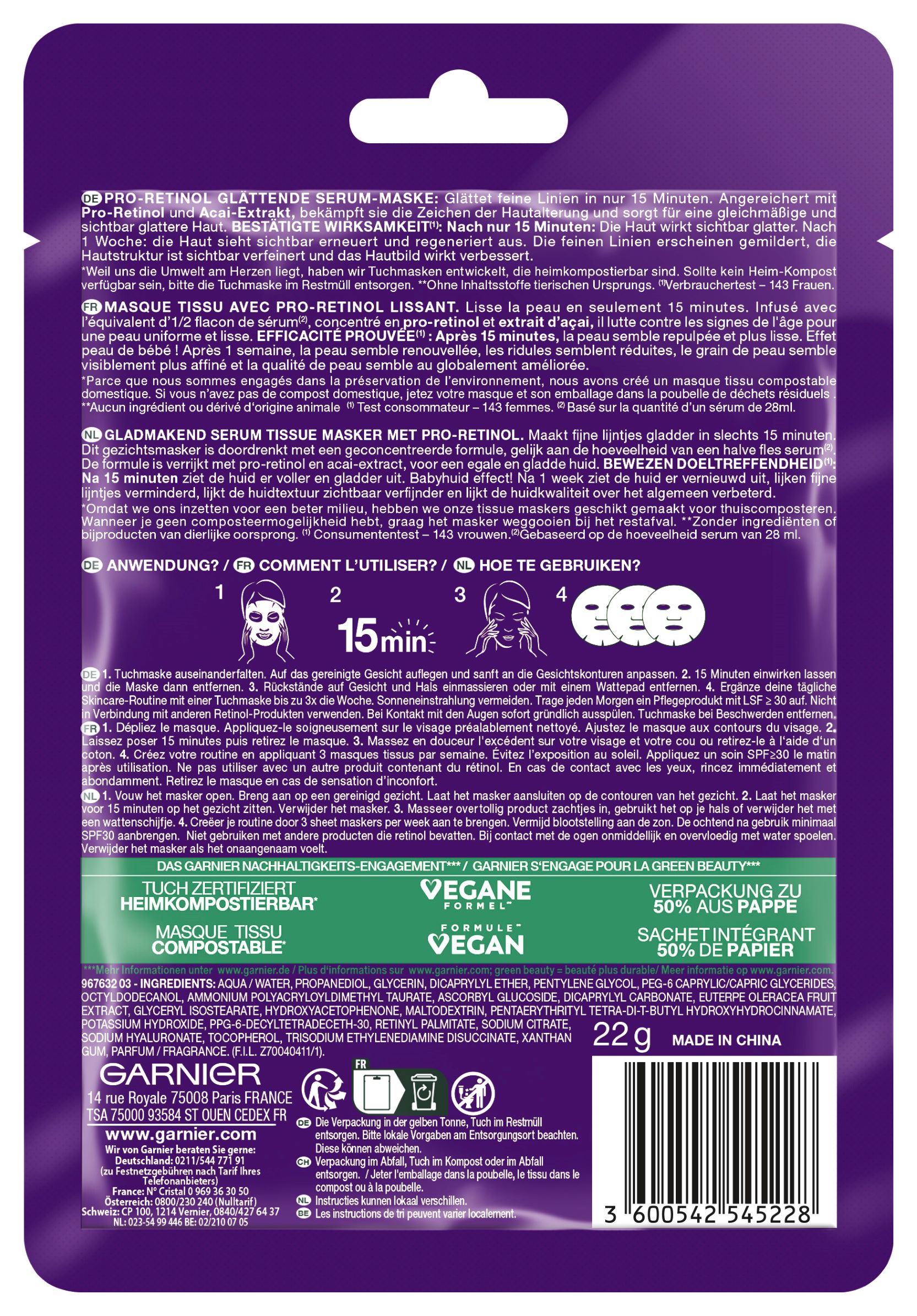 GARNIER SkinActive Tuchmaske Retinol 22 g