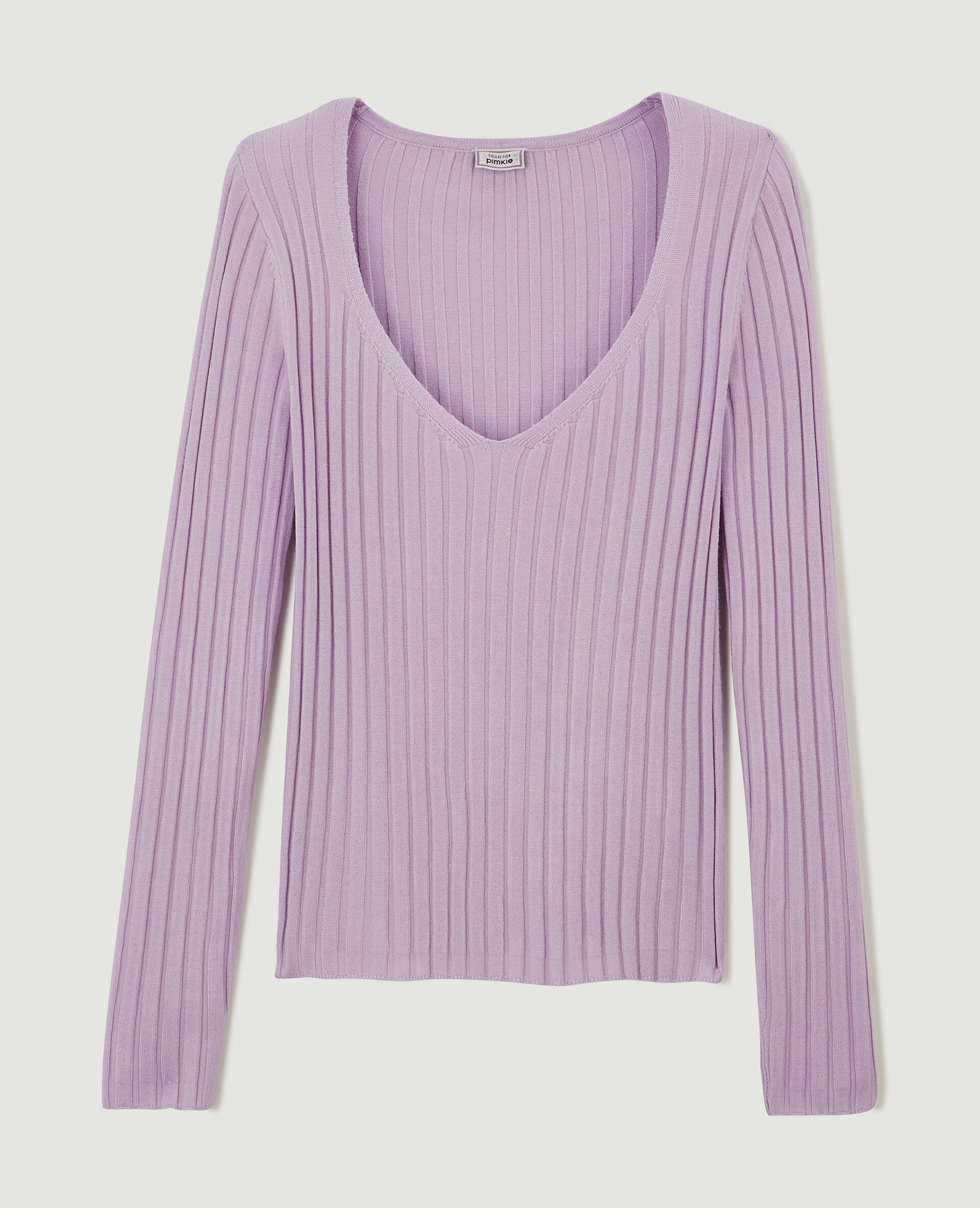 Pull col V maille côtes plates - Lilas