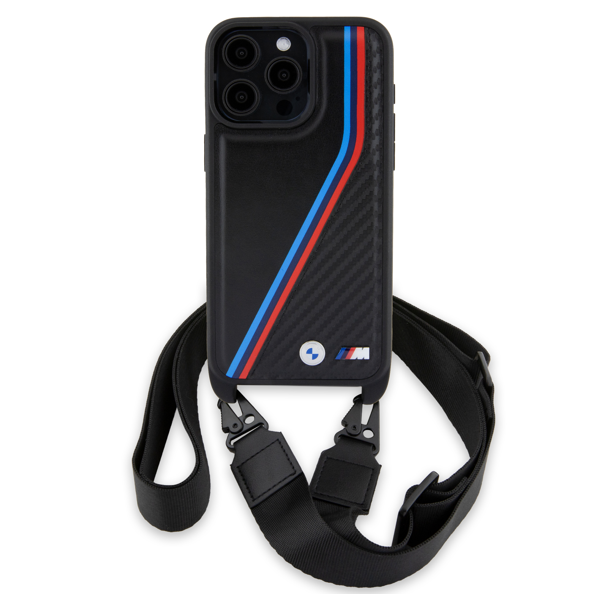 (160cm) iPhone 15 Pro Max Necklace Leder Hardcase Hülle Carbon Tricolor Lines & Strap   Handykette (BMHCP15X23PSVTK) - Schwarz