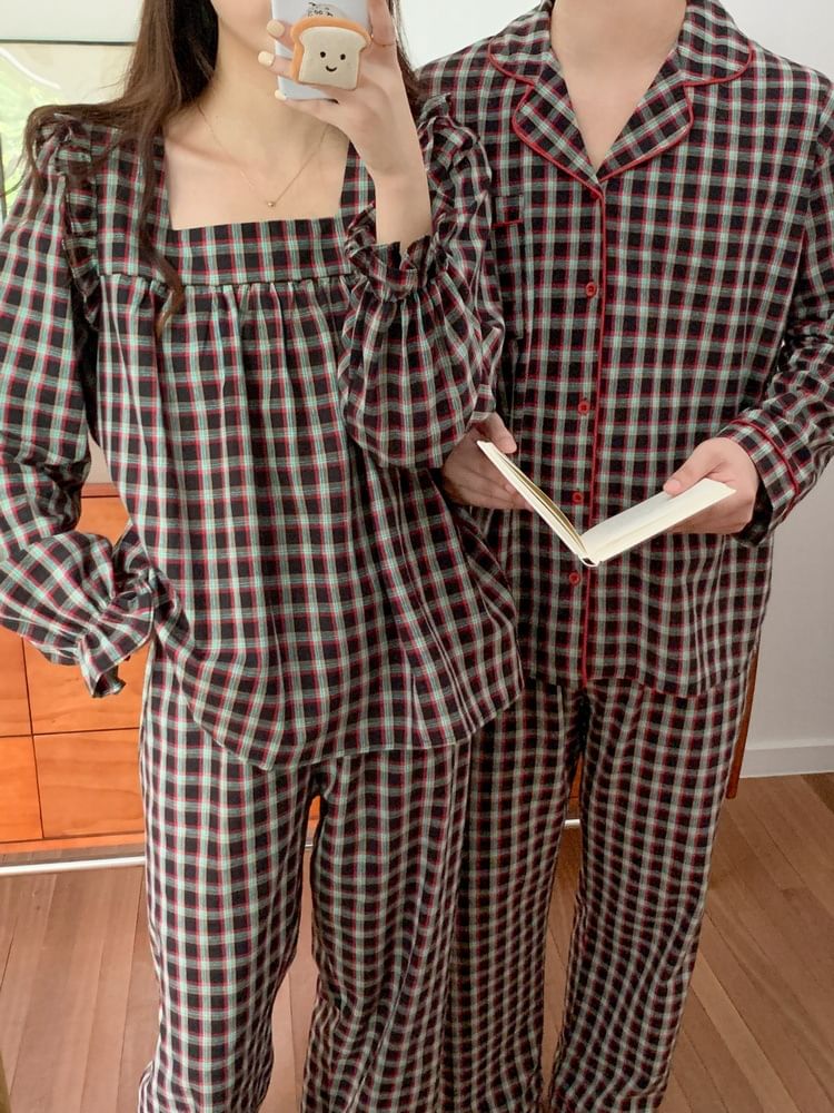 Tanee - Koppel bijpassende pyjamatop met pofmouwen en ruches, geruit, top, shirt, broek en set