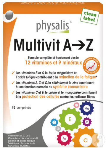 Physalis Multivit A-Z 12 Vitamines Et 9 Minéraux 45 Comprimés
