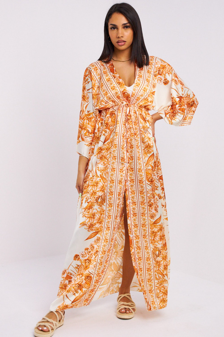 Robe chemise orange à fleurs col v