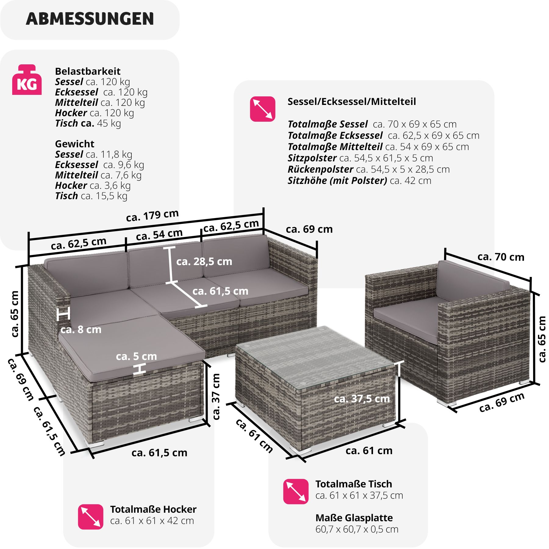 tectake® Rattan Lounge, für 4 bis 5 Personen, UV-beständig, variabel aufstellbar