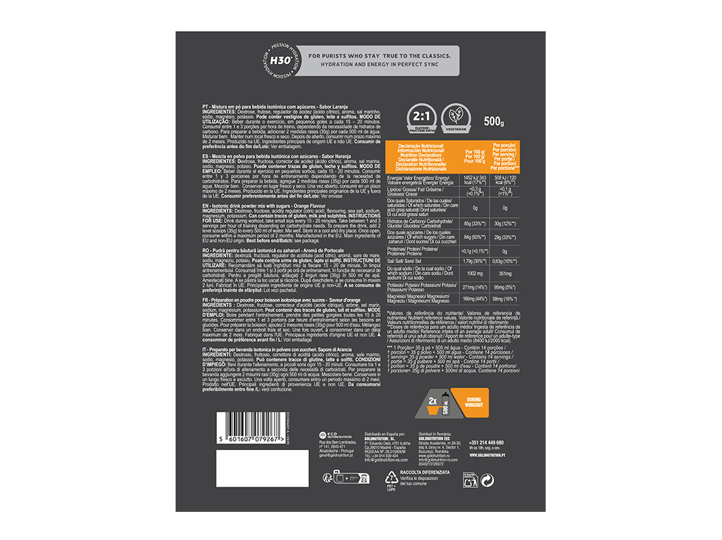 ISOTONIC GOLDNUTRITION HYDRATE H30 LARANJA 500G