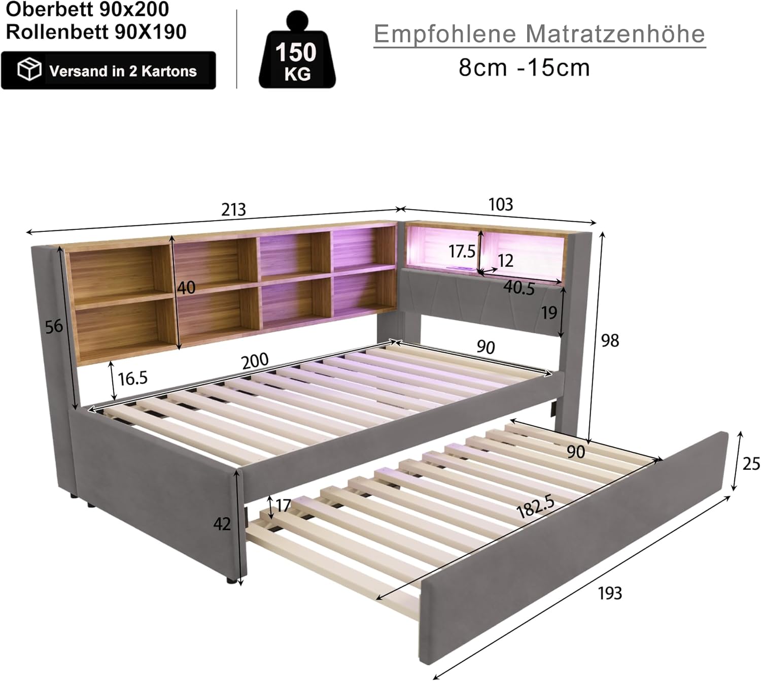 Polsterbett Einzelbett 90x200, Tagesbett Schlafsofa mit Ausziehbett&LED Licht&USB-Anschluss&vielen Ablagefächern, Bettgestell Gästebett Jugendbett mit Lattenrost, Flanell, Ohne Matratze, Dunkelgrau OX0194603