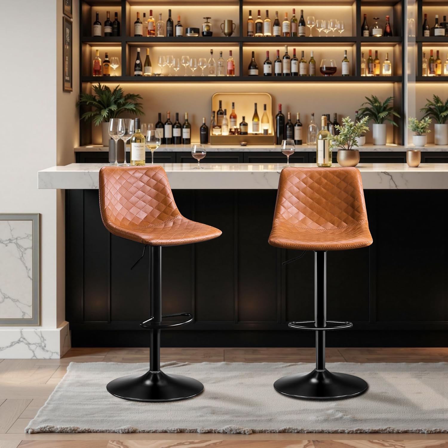 Barhocker 2er Set Höhenverstellbar Barstuhl mit Mikrofaser-Leder, Küchenhocker mit Lehne, Barhocker 360° Drehbar, Tresenhocker 150kg Belastbar für Küche, Esszimmer, Lobby-Braun