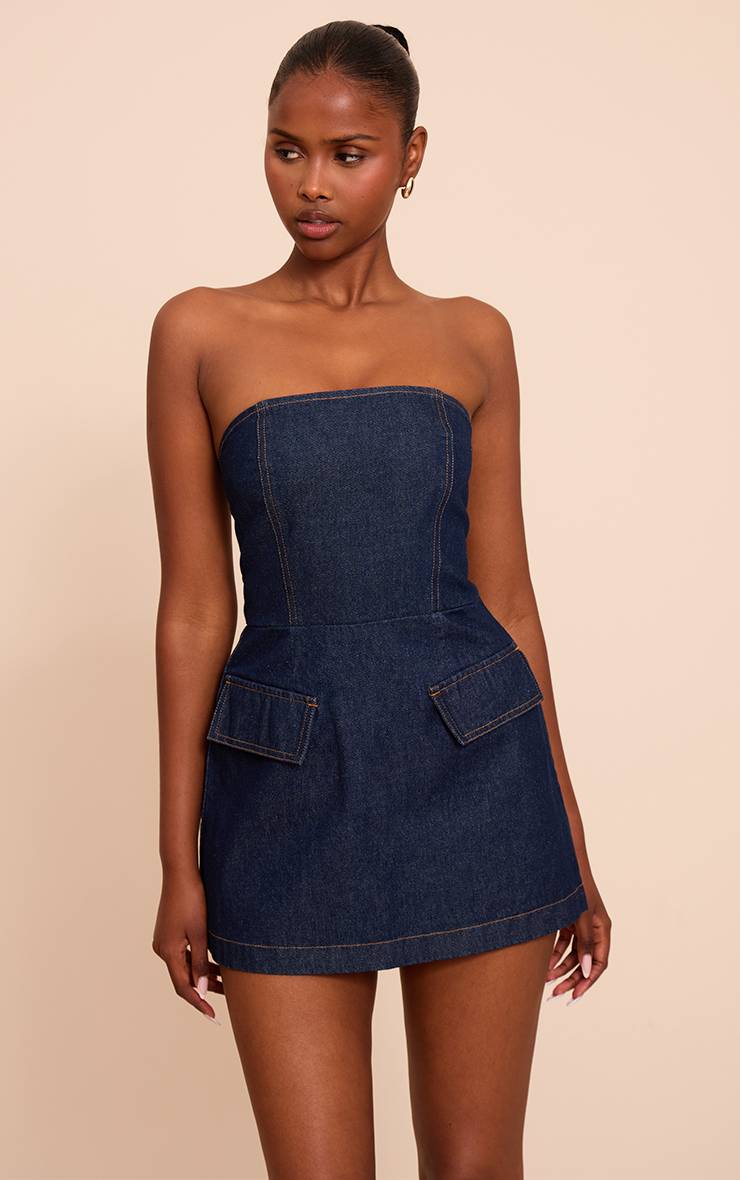 Bleu Indigo Robe Mini En Denim Trapèze Structurée Bustier