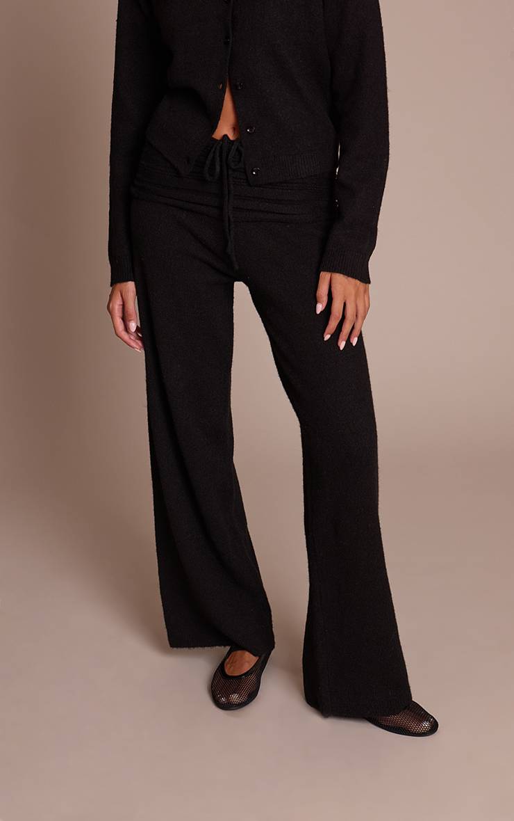 Noir Pantalon En Maille Côtelée Souple À Taille Repliée