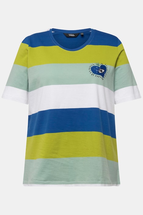T-Shirt, Ringel, Stickerei, Rundhals, Halbarm