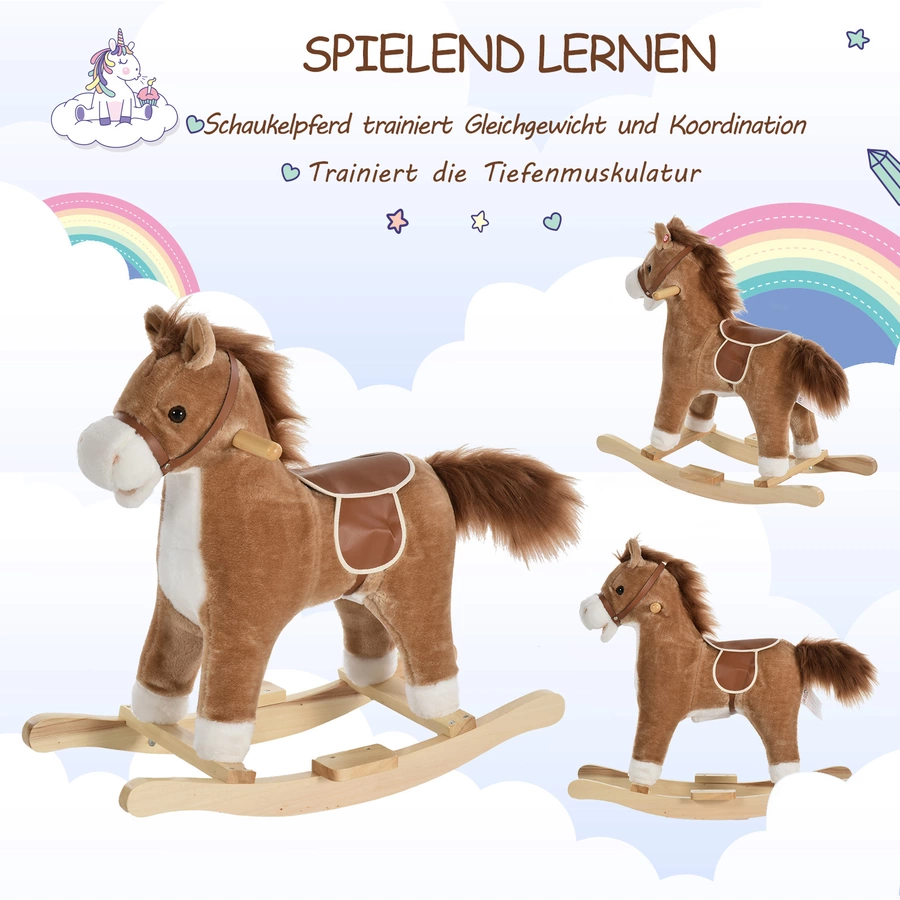 HOMCOM Kinder Schaukelpferd mit Tiergeräusche braun