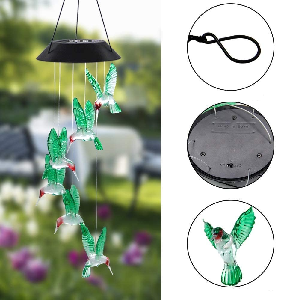 6 LED's Solar Outdoor Licht Garten Deko Windspiel Lampe im Kolibri Design (IP65) - Bunt
