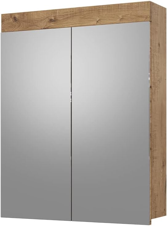 Vicco Badspiegelschrank Eiche Wotan Luna 60x77x17 cm - Badezimmerschrank mit Spiegel, Einfache Wandmontage inkl. Zubehör