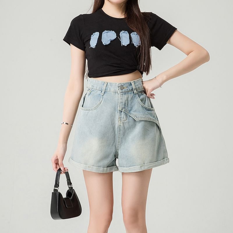 Horrysonie - High Waist Washed Denim Shorts