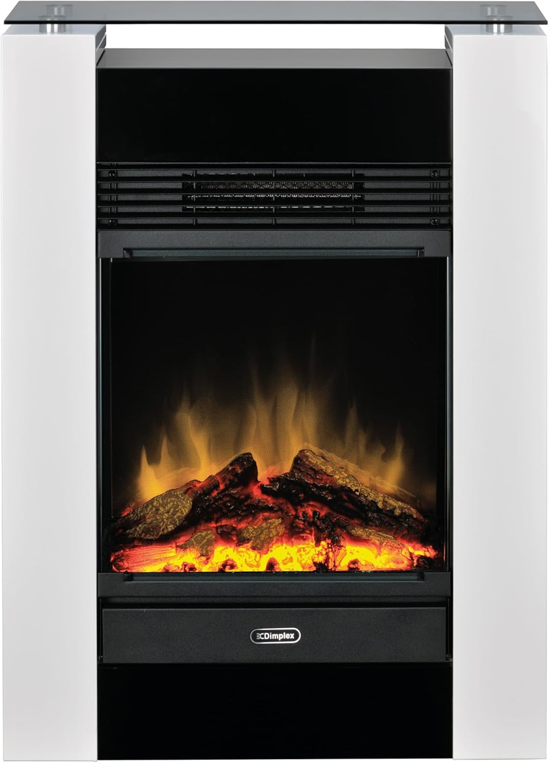 Dimplex Gisella Weiß, freistehender Elektrokamin mit Optiflame Effekt, Holzscheit-Glutbett, LED-Flammeneffekt, Einstellbarer Heizung, Thermostat und Fernbedienung. Glasablage