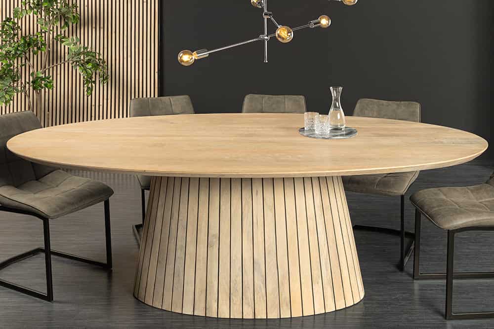 Ovaler Esstisch ART DECO 220cm weiß gekälkt massives Mangoholz mit Säulenfuß
