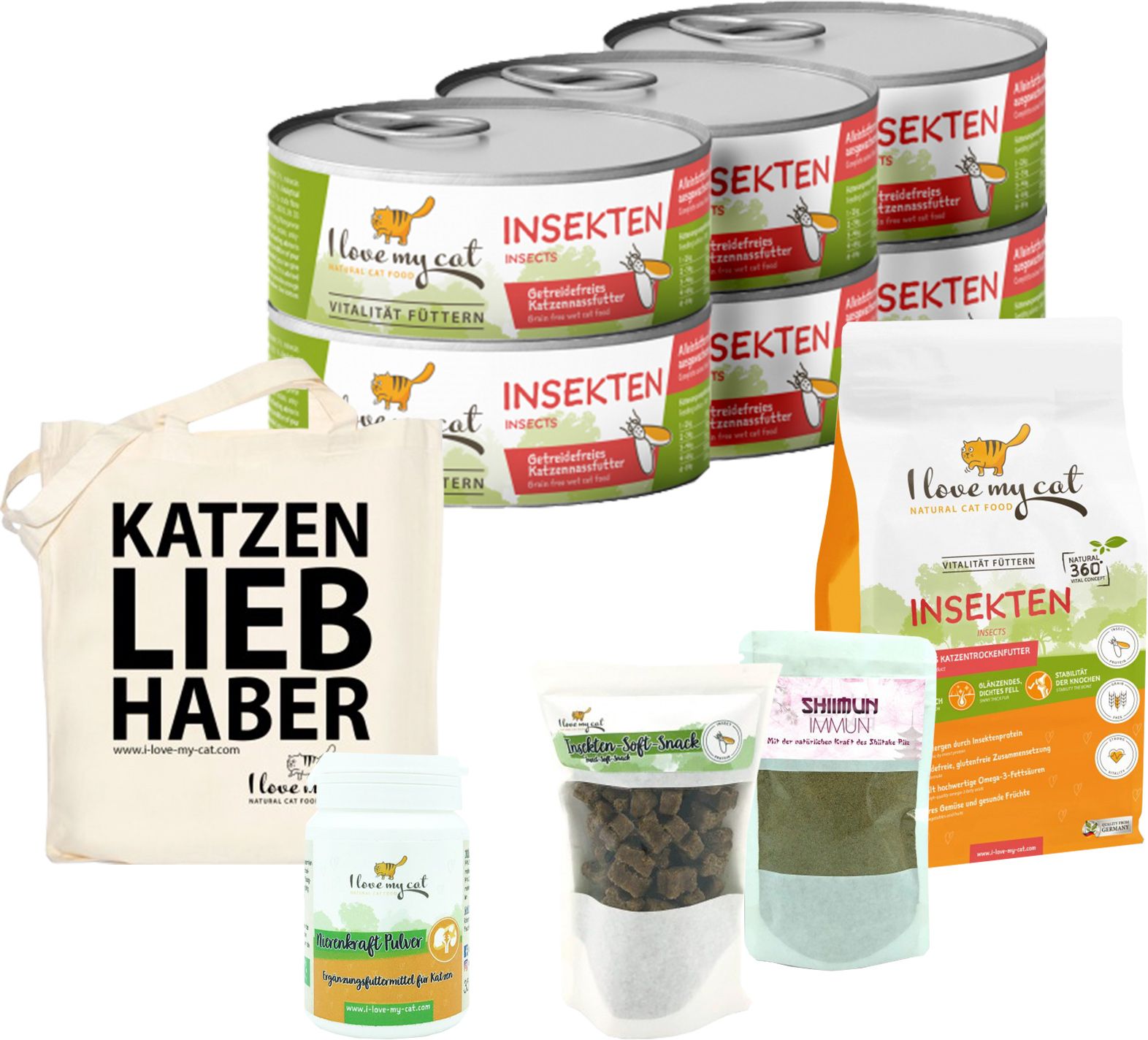 I love my cat Sparset für Devon Rex Trockenfutter und Nassfutter und Soft-Snacks mit Insekten NEM
